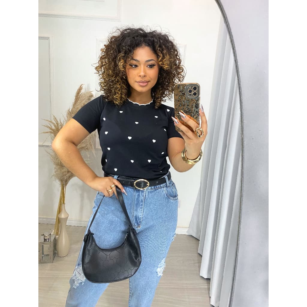 Blusa Camiseta Babylook T-shirt Gola Lurex Algodão Poa Coração