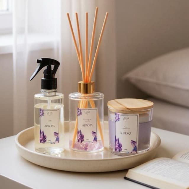 kit linha Aurora - Vela aromática 200g + Difusor de aromas 250ml + Home spray 250ml - Orion Home