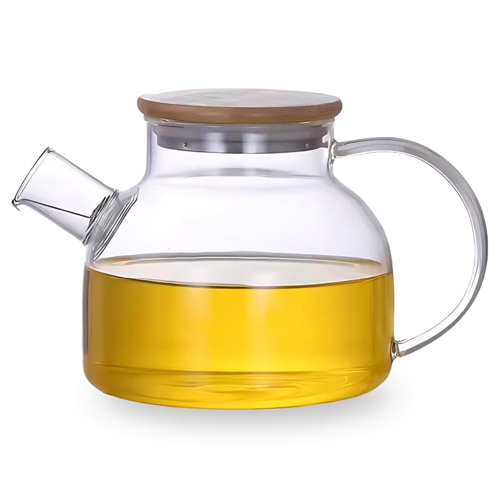 Chaleira Bule Vidro Borossilicato Tampa Bambu 1 Litro Coador Infusor Inox