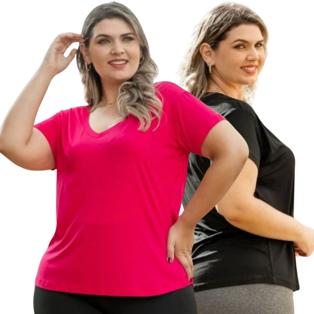Kit 2 T Shirt Feminino Gola V Preta Rosa e Cinza Viscolycra T Shirt Básica Feminina  Fitness Plus Size Blusinha Academia