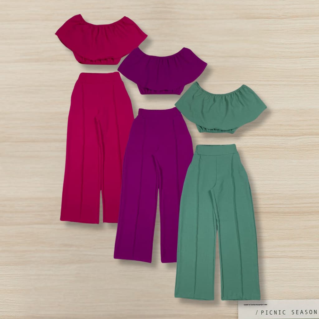Conjunto Duna Juvenil Feminino para Meninas: Blusa Ciganinha + Calça Pantalona com Elástico - Cores sortidas