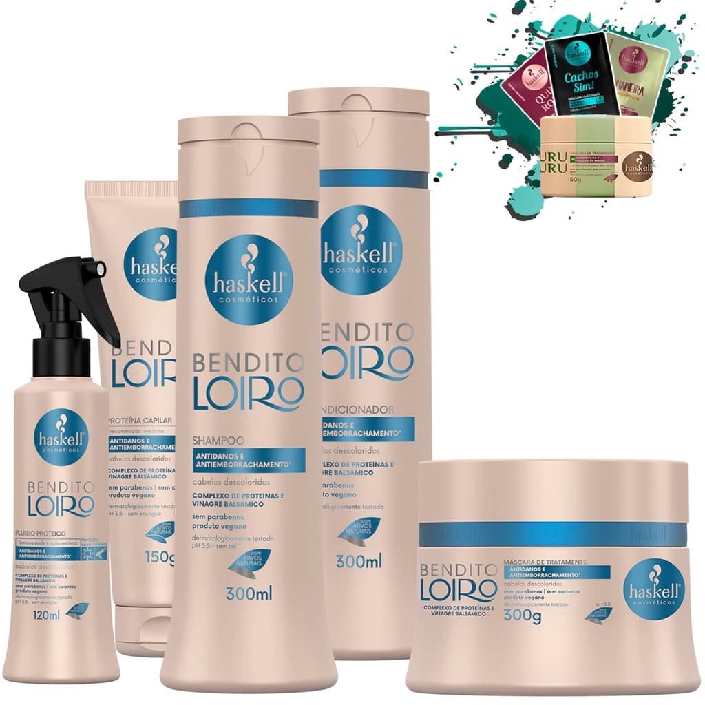 Shampoo Condicionador e Máscara 300ml/gr + Proteina capilar 150gr + Fluido Bendito Loiro Haskell