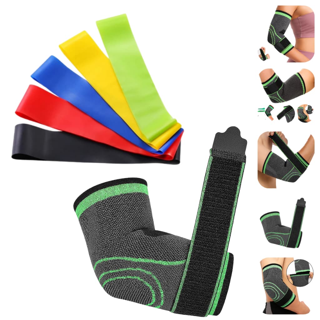 Kit Cotoveleira + 5 Faixas Elásticas Treino Resistência Academia Crossfit Musculação