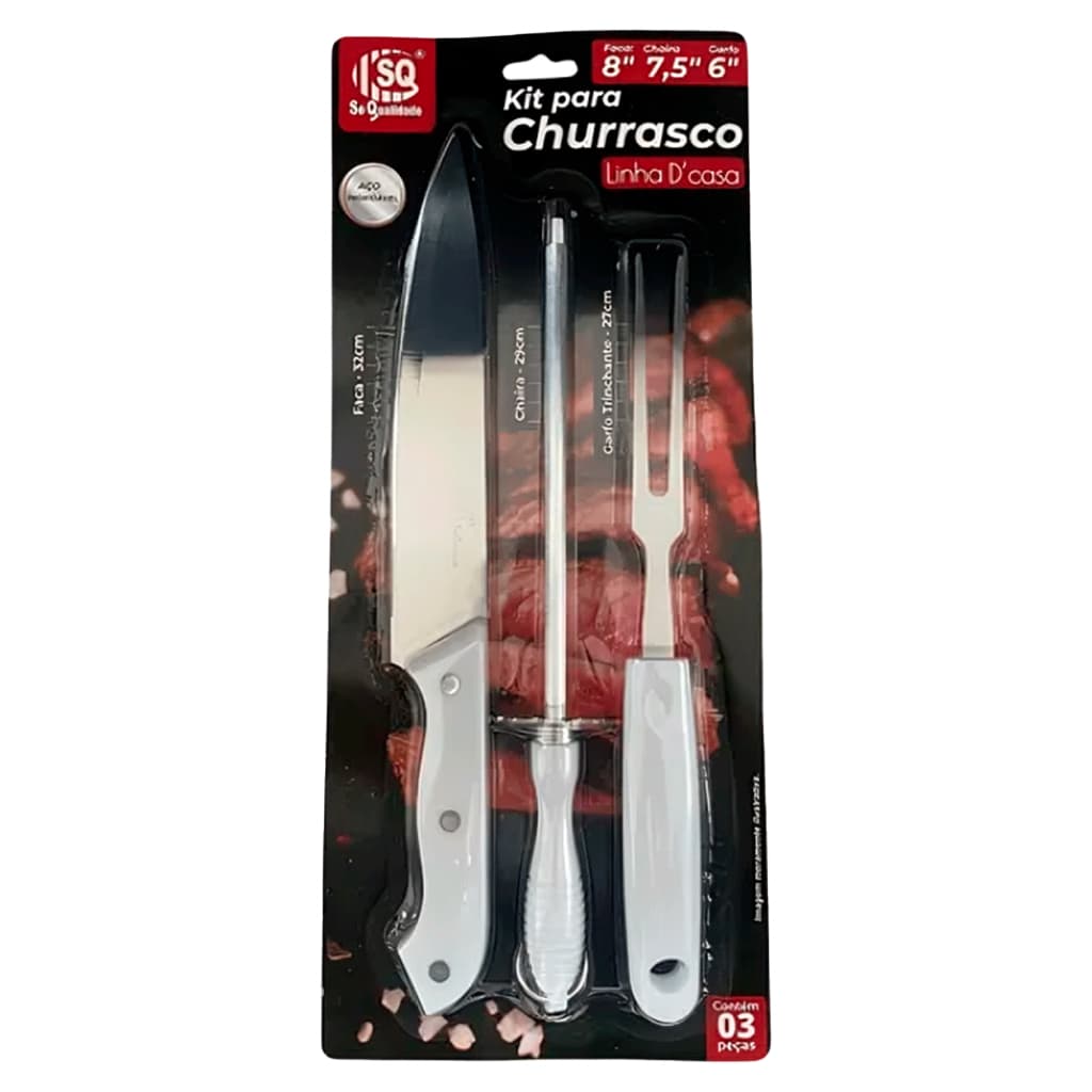 Kit Churrasco 3 Peças em Inox com Cabo Plástico Branco Durável e Elegante