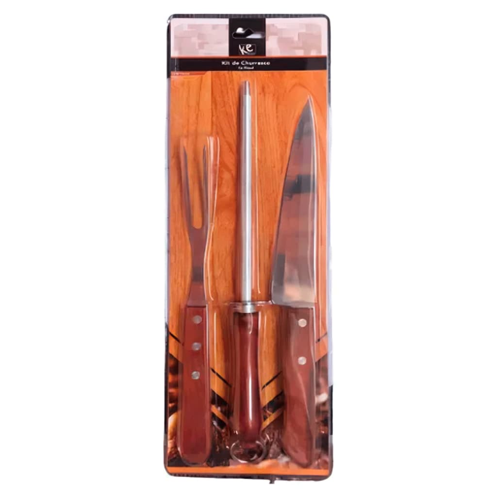 Kit Churrasco Inox 3 Peças com Cabos em Madeira Resistente e Elegante
