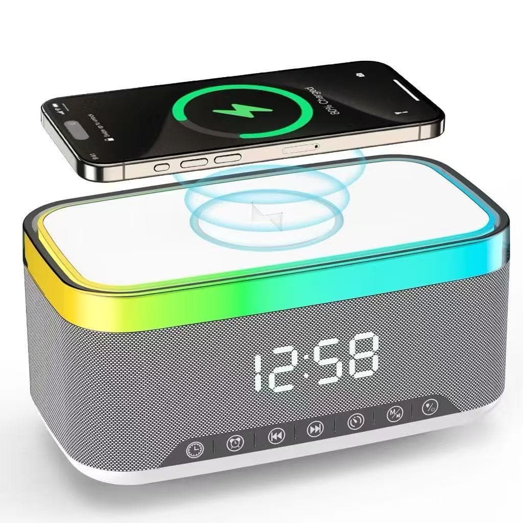 Caixinha De Som Rgb Bluetooth com Relogio Carregamento por Indução Radio Fm Despetador