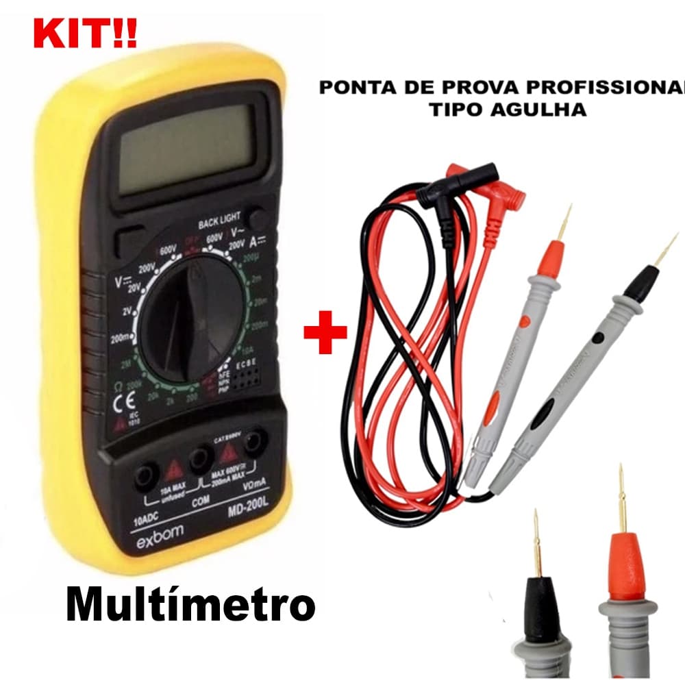 Multimetro Digital Profissional + Ponta de prova tipo agulha  com 3 ½ dígitos Painel Iluminado com Bipe e Bateria