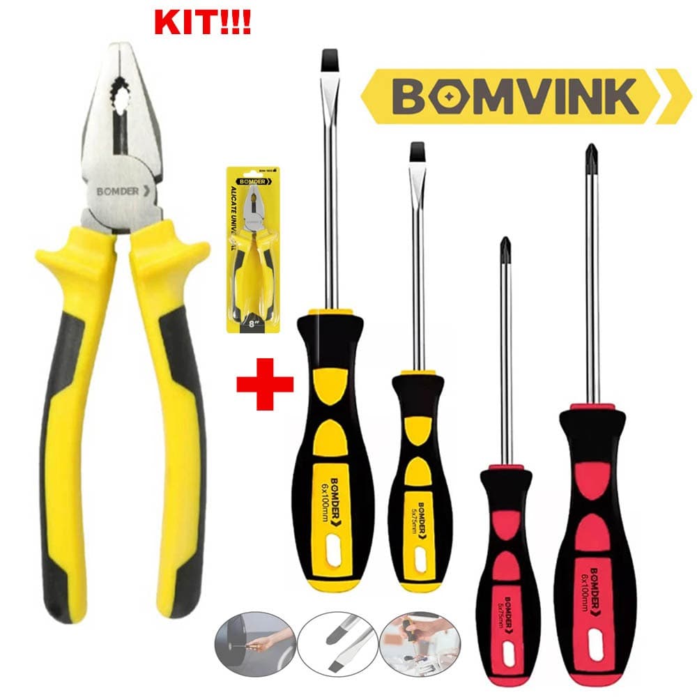 Conjunto Alicate Universal + Jogo de Chave de Fenda e Phillips Cabo Emborrachado - Kit 5 em 1 Profissional