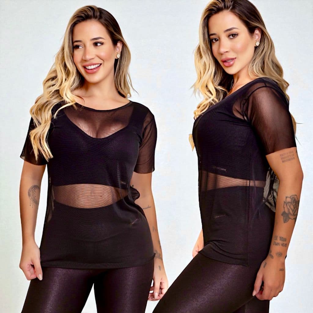 Blusa Feminina Transparente De Tule Manga Curta Camiseta Academia Treino Fitness Musculação