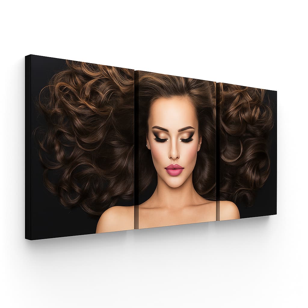 Quadro Salão de Beleza MDF 3 Peças – Cabelo Castanho Luxo