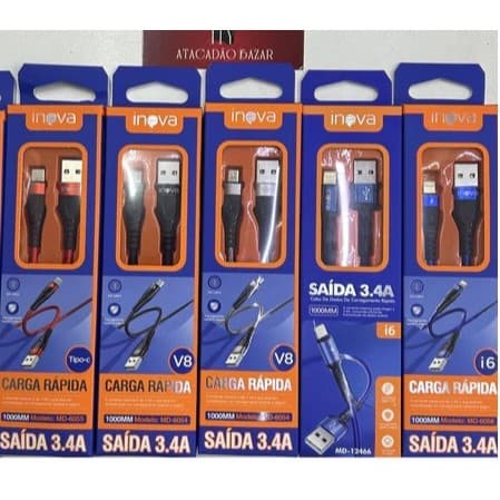KIT1-5  Cabo Inova Usb V8 Android /Type C/iphone 1Metro  promocao