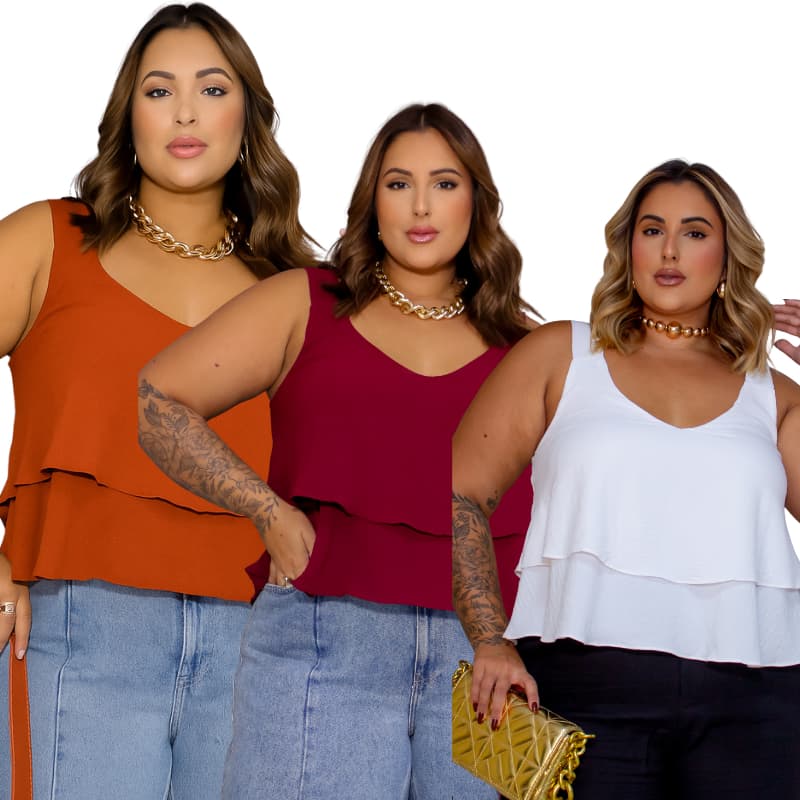 Kit 3 blusinhas plus size camadas babado fluido alça larga 44 ao 52 tecido não amassa moda grande