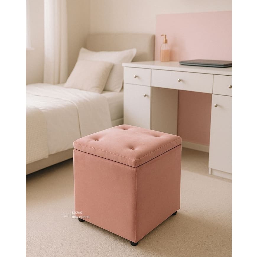 PUFF BAÚ ROSA EM SUEDE PORTA OBJETOS BRINQUEDOS ROUPA DECORATIVO CASA PENTEADEIRA CLOSET PREMIUM BAÚ