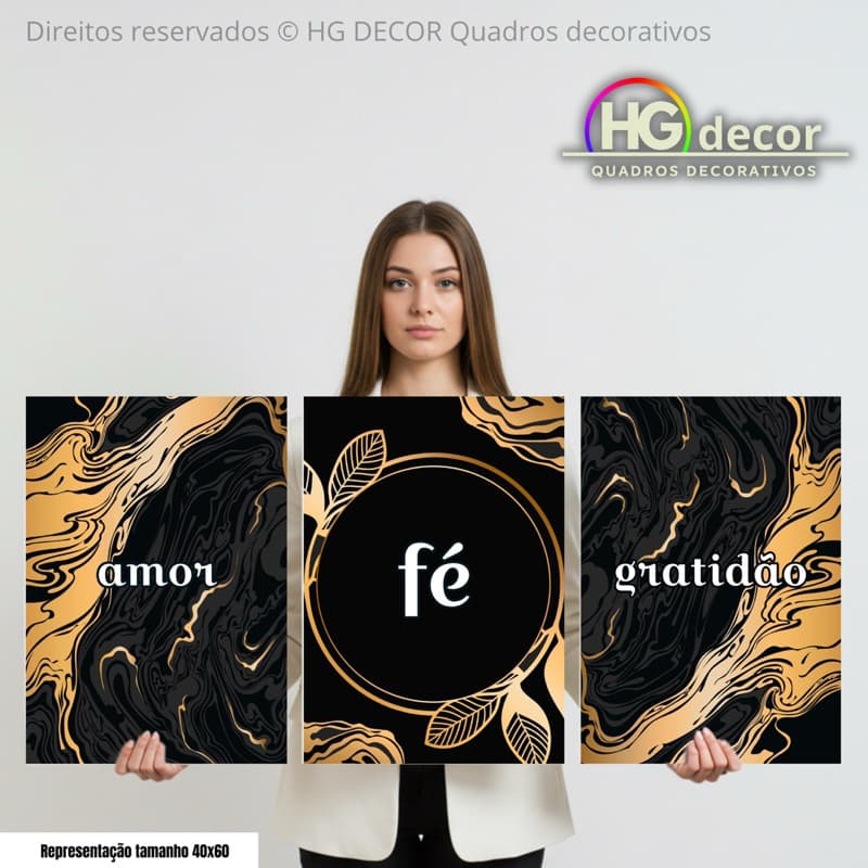 Kit 3 Quadros Decorativos Frases Amor Fé Gratidão | Arte Abstrata Moderna Preto Dourado para Sala Quarto Escritório
