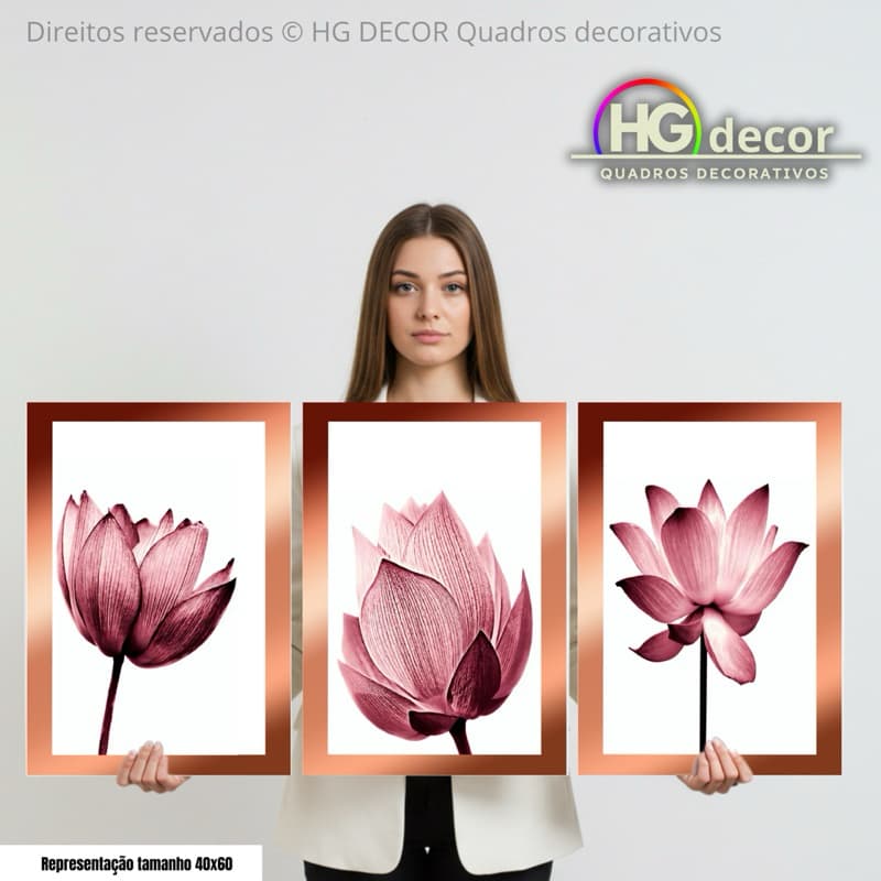 Kit 3 Quadros Flor de Lótus Rosa Trio Quadros Decorativos | Decorativo Moderno para Sala Quarto Escritório Parede