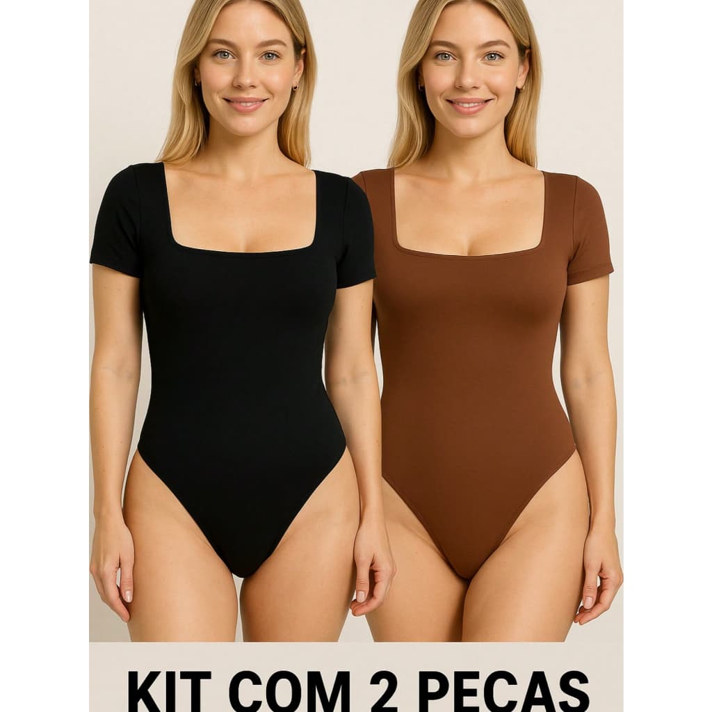 Kit 2 Body Feminino Decote Quadrado Manga Curta Forrado Confortavel tendencia Moda Blogueira Casual