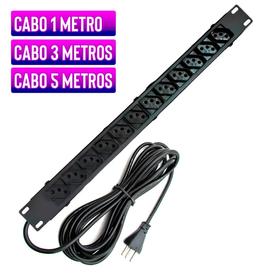 Regua Rack 19 Pol. Com 12 Tom. 10A (Cabo 1mt | 3mt | 5mt ) Filtro Linha Profissional