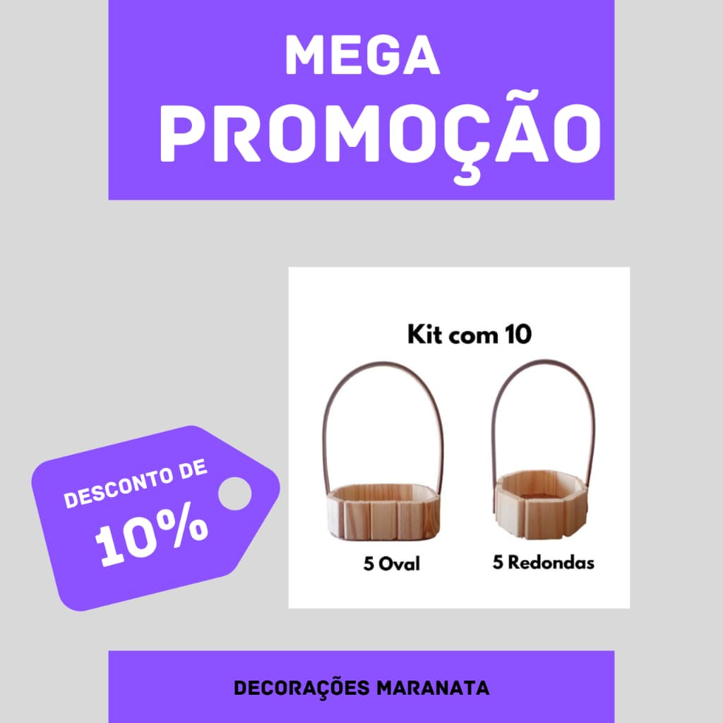 kit com 10 Cestas Decorativas para Presente, Páscoa, Pinus 15cm e 13 cm