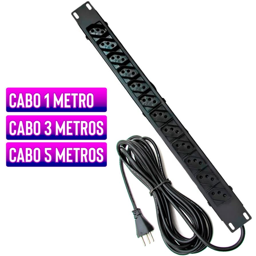Régua de Rack 19" - 12 Tomadas 10A (CABO 1mt / 3mt / 5mt) Filtro de Linha