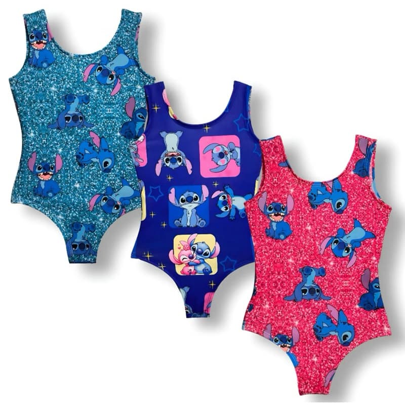 Kit 3 Body Bory Maiô Infantil Menina Praia Estampado Stitch Confortável Lycra Suave