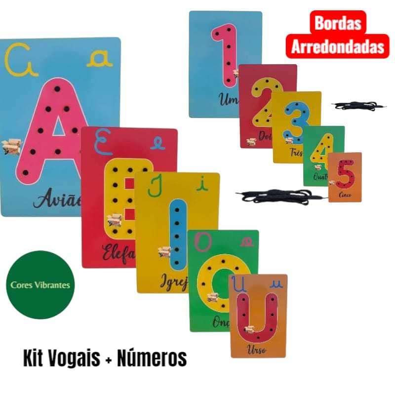 Kit Brinquedo Pedagógico Educativo Em Madeira Alinhavo Vogais + Números