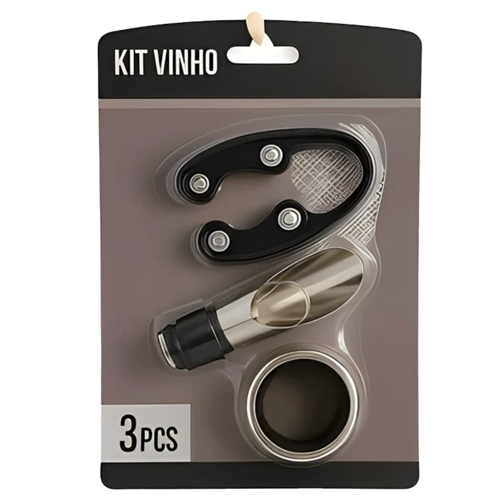 Kit Vinho 3 Peças Metal Preto Bico Dosador, Corta Lacre, Anel de Garrafa