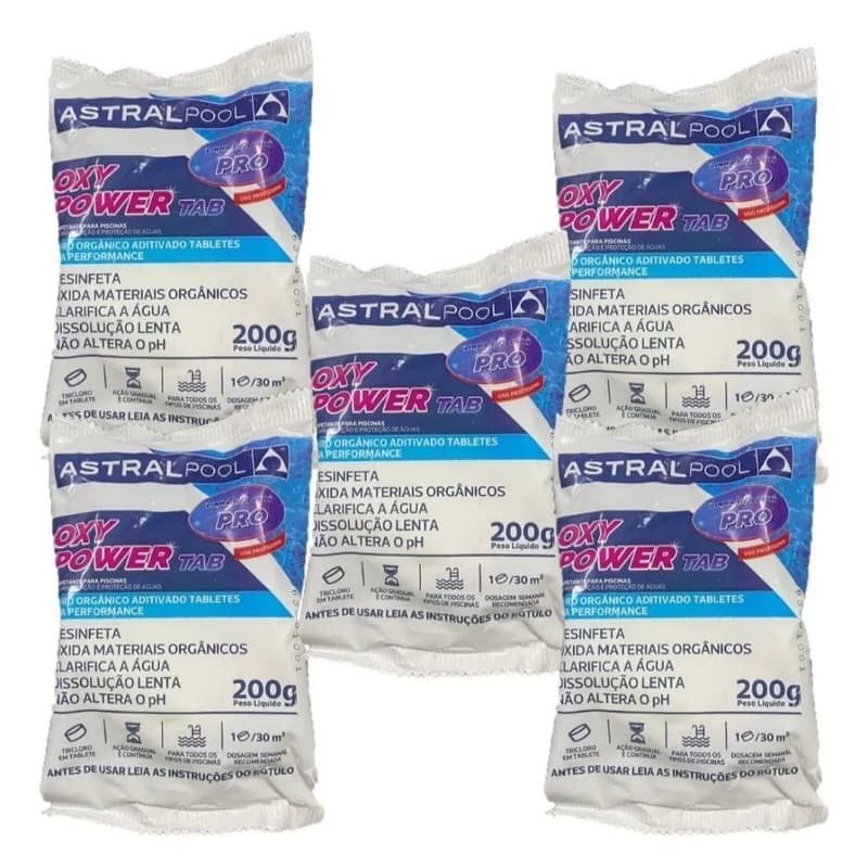 Kit 5 Pastilhas Oxy Power Tablete de Cloro 200g Para Limpeza de Piscina 5 em 1 Astral Pool Promoção