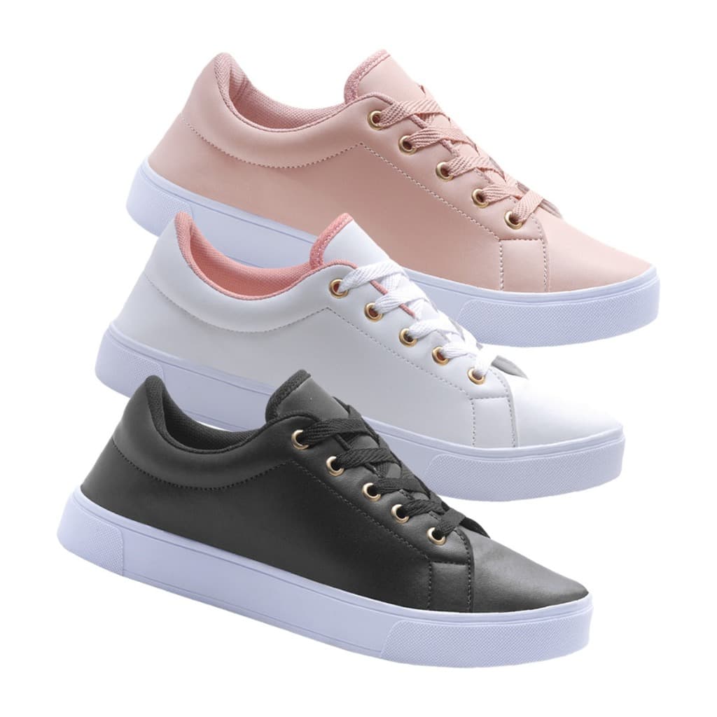 Kit 3 Tênis Feminino Casual Branco Preto Rose