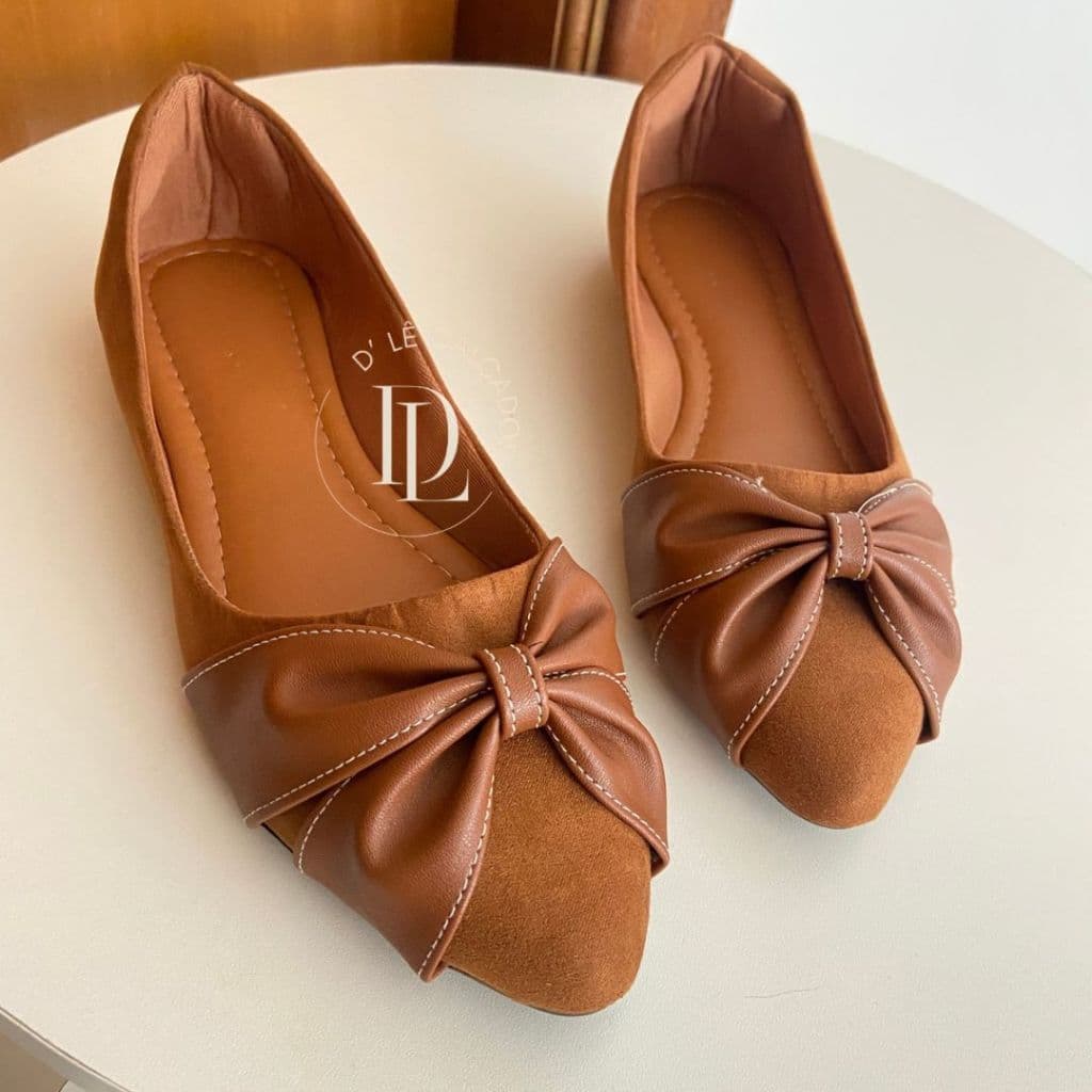 Sapatilha Feminina Bico Fino Sapatilha Confortável Camurça Terracota Marrom Elegante Com  Laço