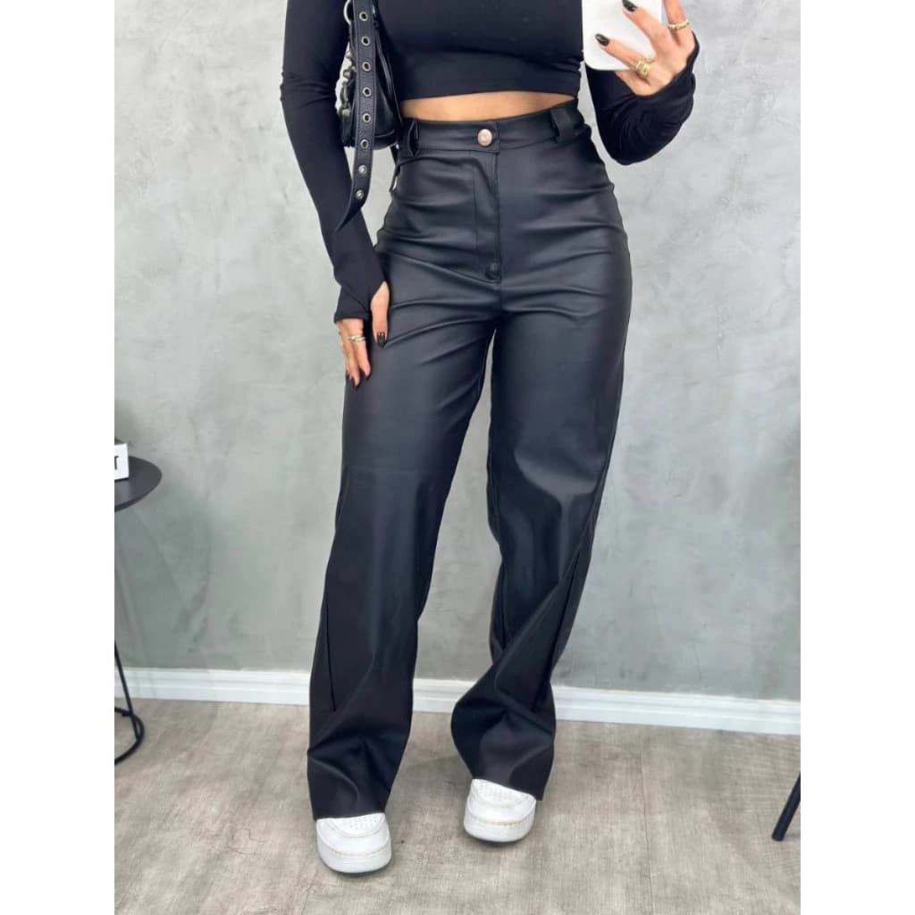 Calça feminina Couro Fake Elástico Wid Leg Tendência Luxo Balada Pantalona Moda Gringa Tendência