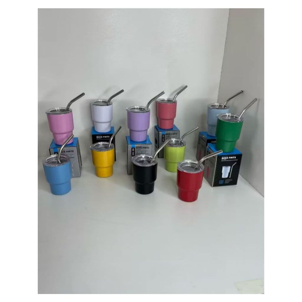 MINI COPO TERMICO PARA CAFÉ E DOSES DE TEQUILA E OUTRAS BEBIDAS 90ML COM CANUDO DE AÇO INOXIDAVEL