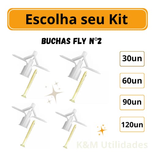 Kit Buchas Nylon Fly Nº2 Para Drywall Gesso Com Parafuso 8mm P/ Fixação de Objetos