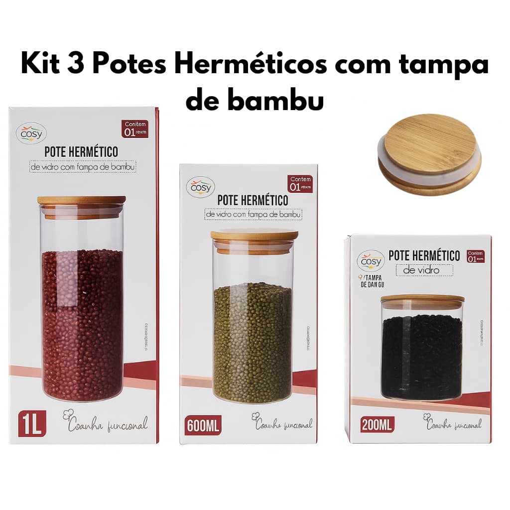 Conjunto 3 Potes de Vidro Hermético com Tampa de Bambu – 1L 600ml 200ml