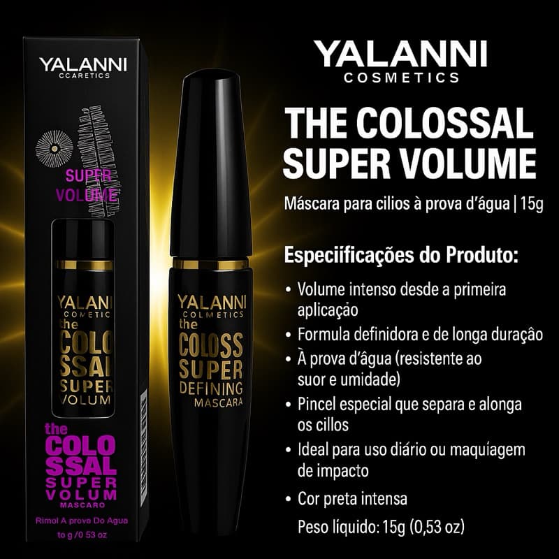 Rímel YALANNI Colossal Super Volume 15g – Cílios Gigantes, Curvados e à Prova D’Água!