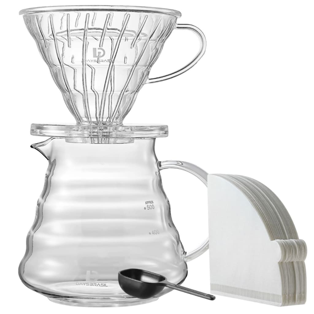 Kit Cafeteira Manual V60-02, de Filtro - Jarra de Vidro + Tampa + Suporte Filtro + Colher Dosadora + 40 Filtros
