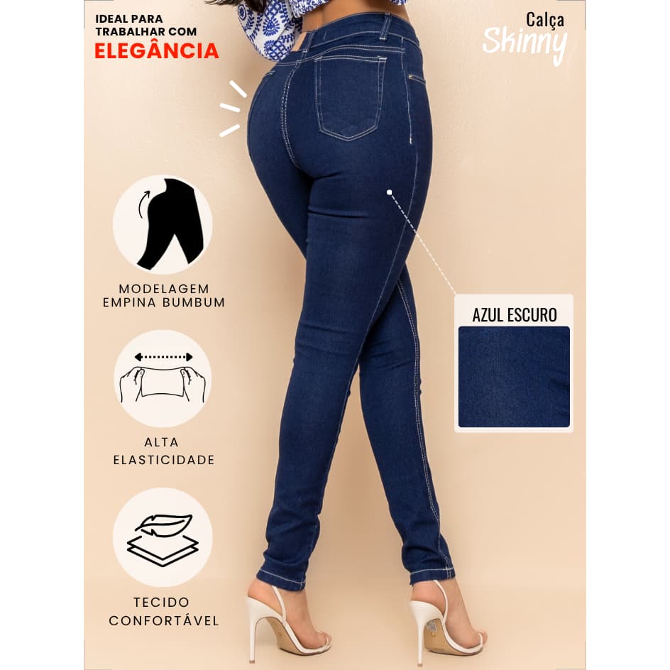 Calça Skinny Feminina Premium Azul Escuro com Lycra Cintura Alta Modela Corpo e Empina Bumbum 02