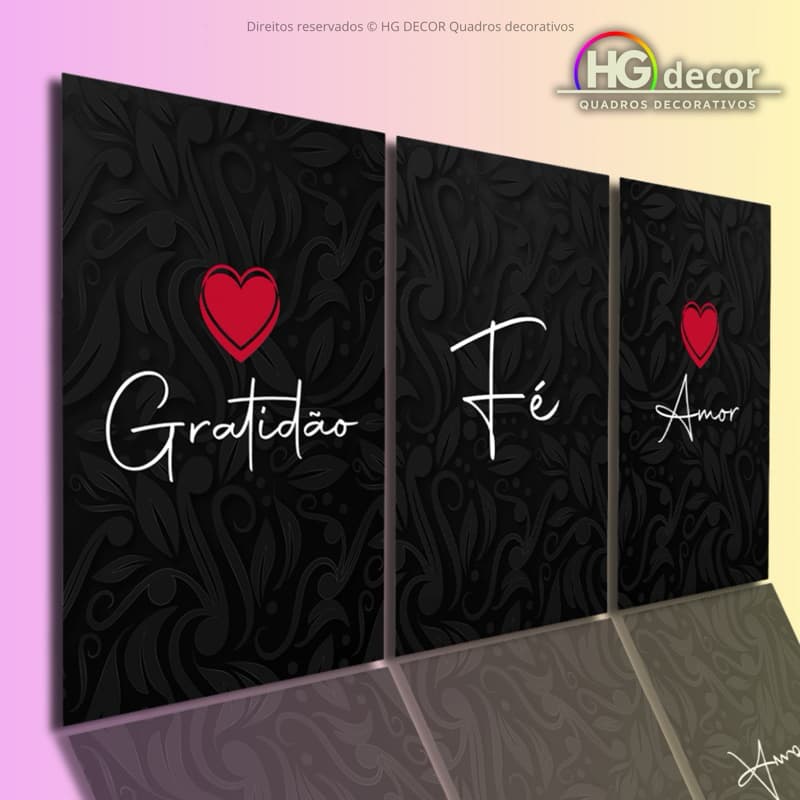 Kit 3 Quadros Gratidão Fé Amor Gratidão Coração Vermelho Motivacional | Decoração Moderna para Sala Quarto Parede MDF