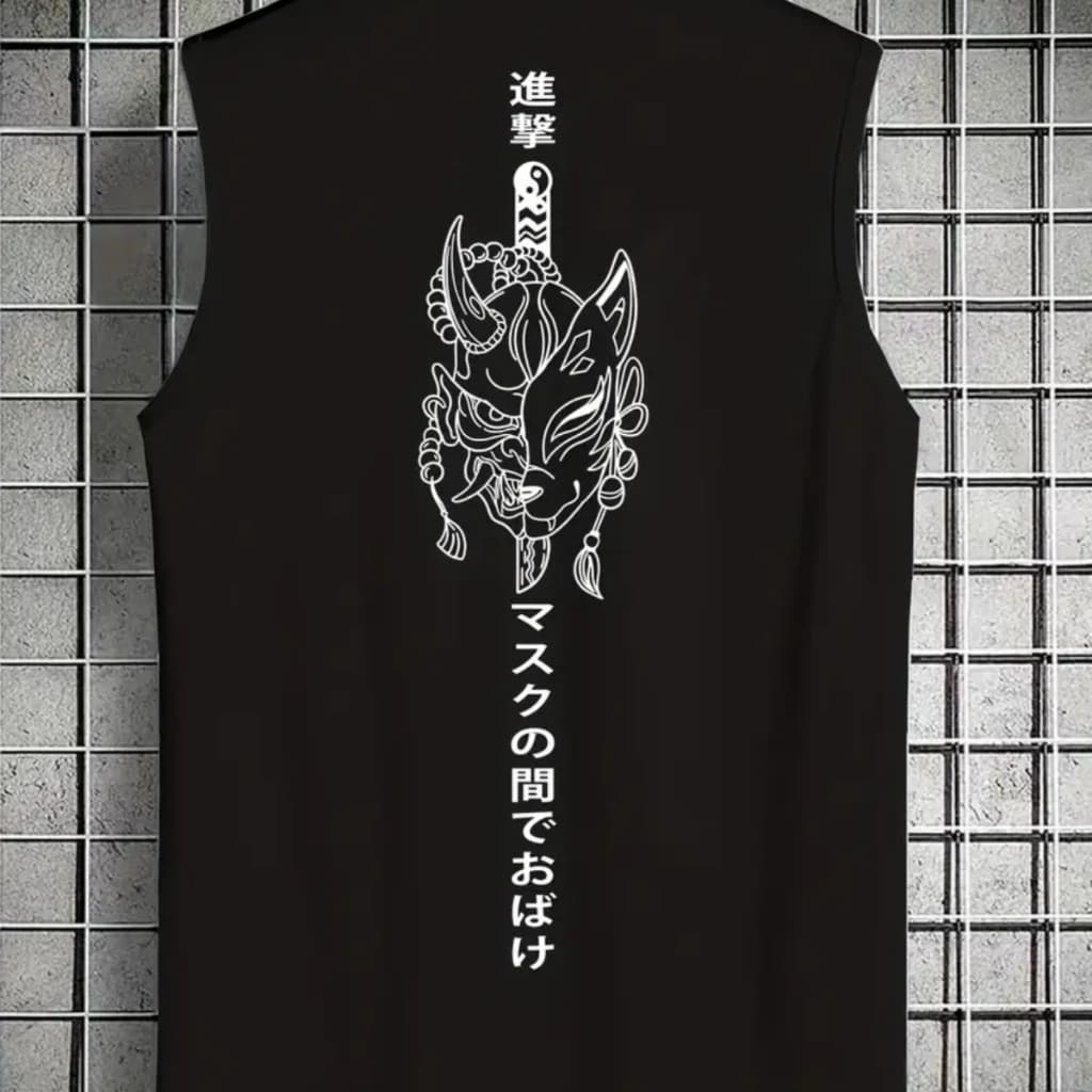Regata Machão Estampada Frente/Costas Escrita Japonês Mascara Demônio Camisa 100% Algodão Calor Verão/Primavera