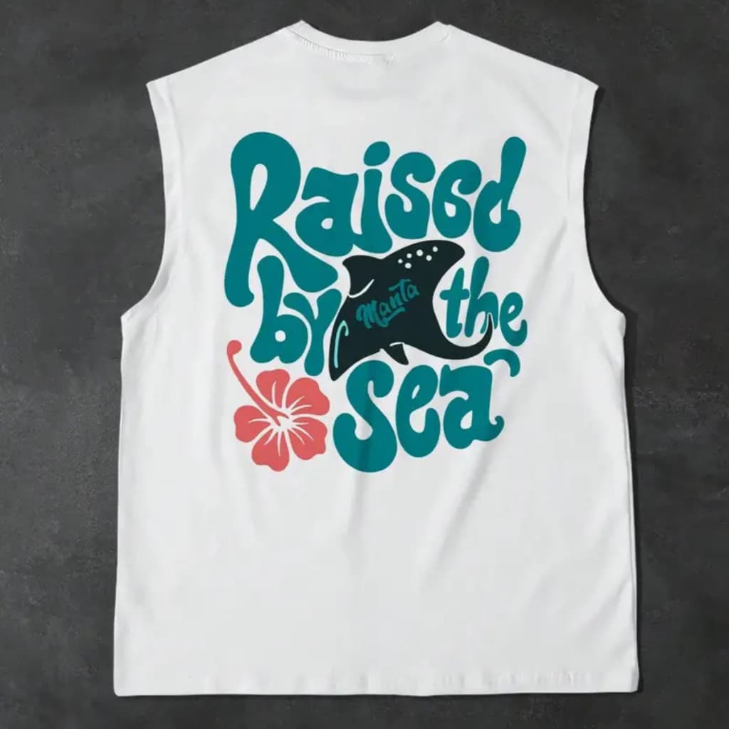 Regata Machão Estampada Raised By The Sea Praia Verão Calor Camisa Desenho Frente/Costas Casual Básico