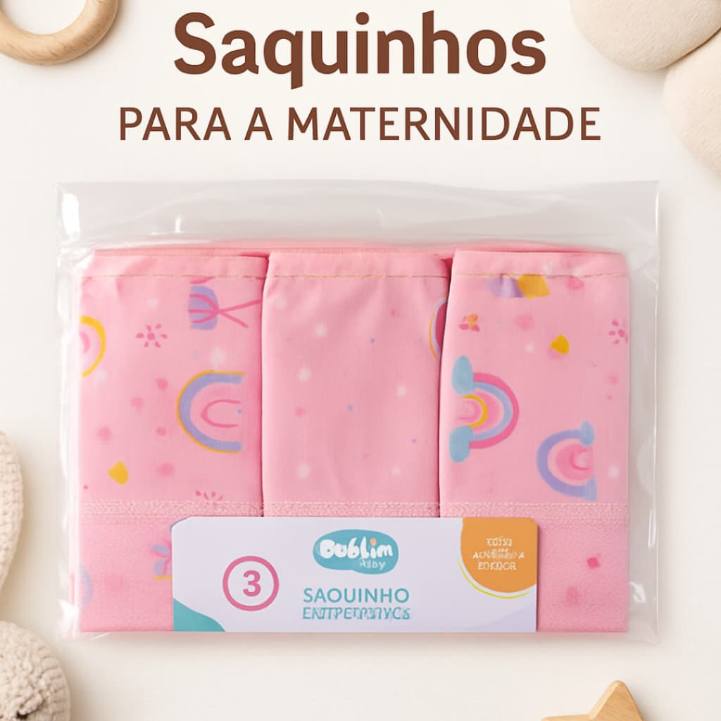 KIT 3 SAQUINHOS ORGANIZADORES MATERNIDADE MULTIUSO DETALHE EM TULE MENINA E MENINO