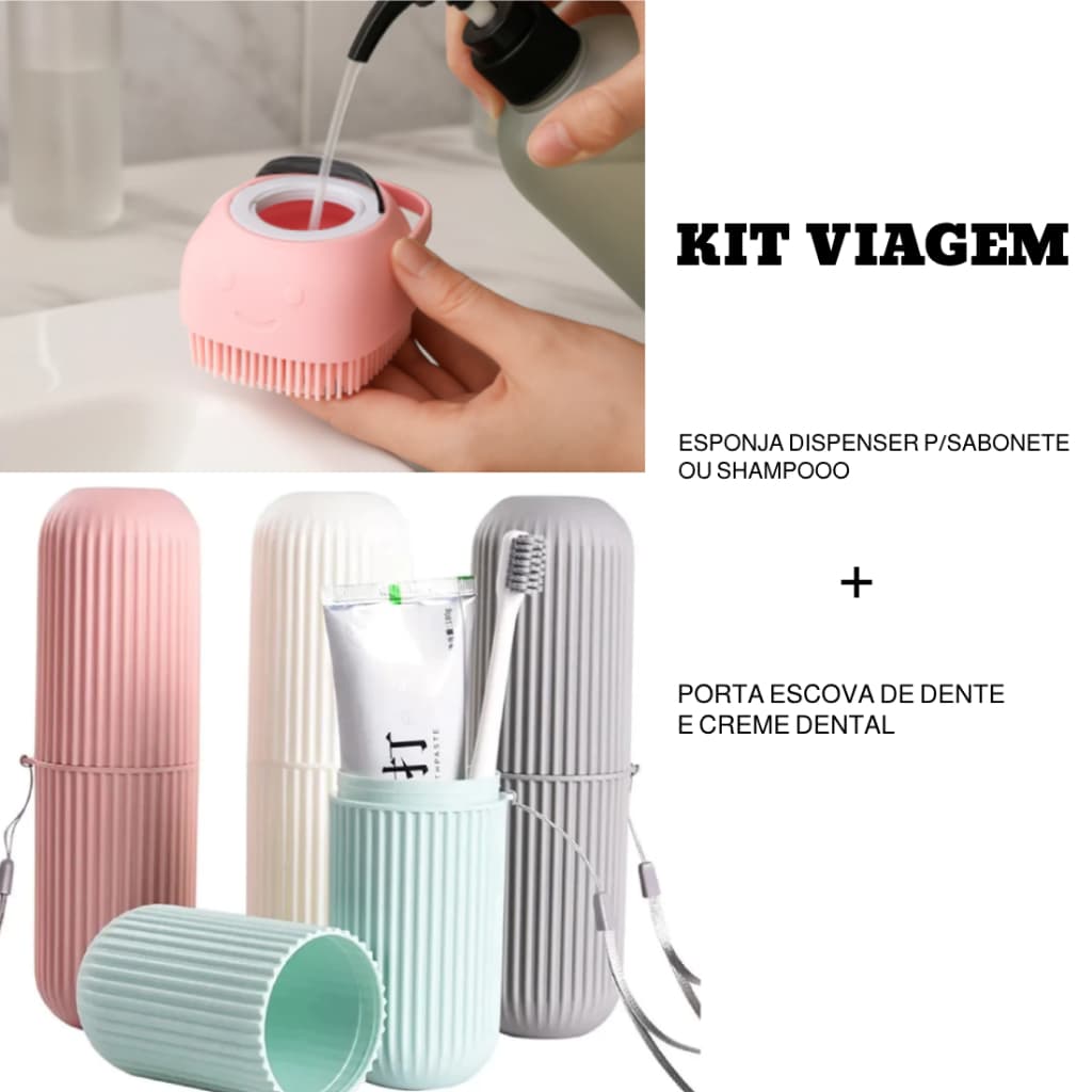 Kit Estojo Porta Escova Pasta De Dente Plástico Multiuso + Esponja Banho Dispenser Sabonete Shampoo