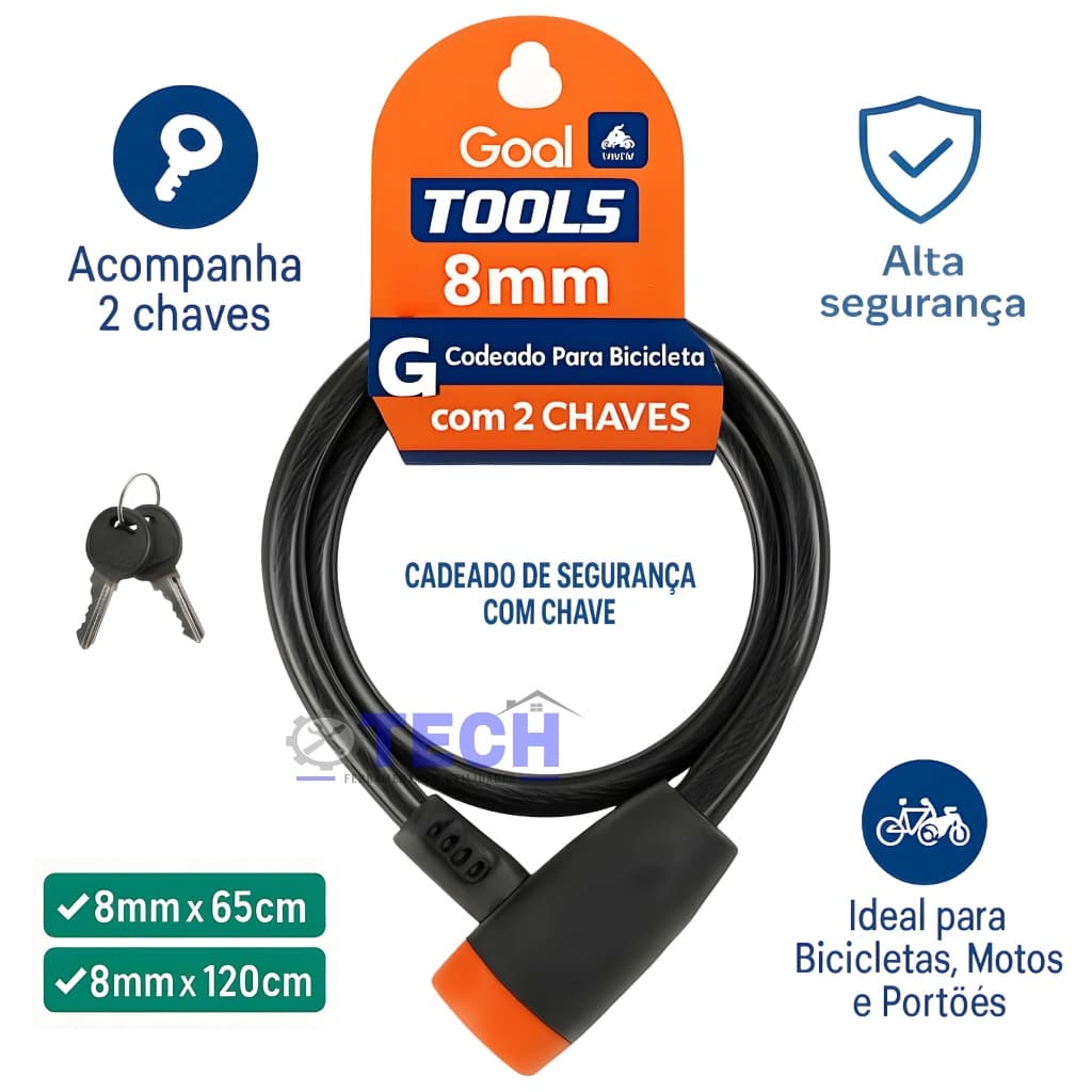 Cadeado Trava para Bike 8mm Reforçado – Tamanhos 65cm ou 120cm Goal Tools