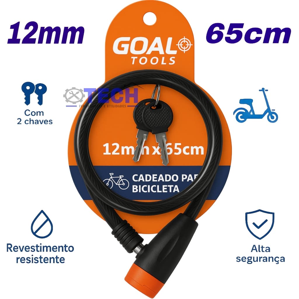 Cadeado Trava 12mm Reforçado para Bike, Moto e Portão – 65cm | Alta Segurança Goal Tools