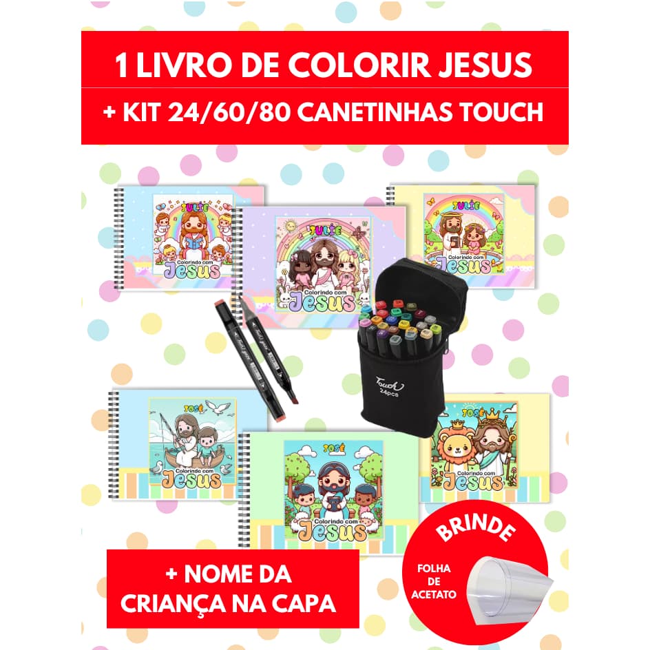 Canetas Marcadores Touch Kit 24/60 Coloridas Ponta Dupla + Kit Livro de Colorir Jesus Bíblico Cute Estilo Bobby Goods