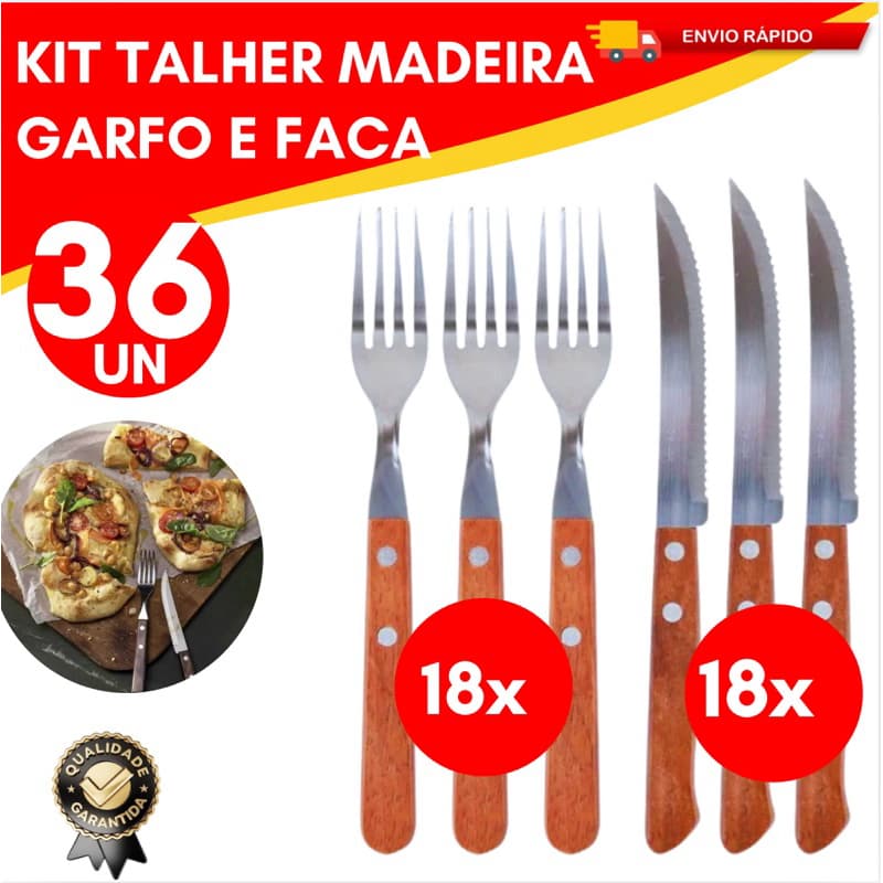 Kit 36 Talher Garfo e Faca Inox Cabo de Madeira Churrascaria Buffet Restaurante
