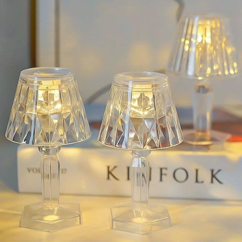 Kit 2 Mini Abajur Cristal Luz Led Amarelo Suave Quarto Decoração