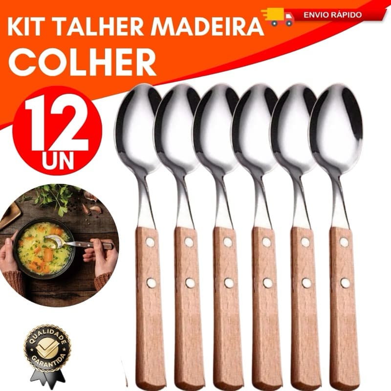Kit 12 Talher Colher Inox Cabo de Madeira Sopa Cozinha Alta Qualidade Restautante