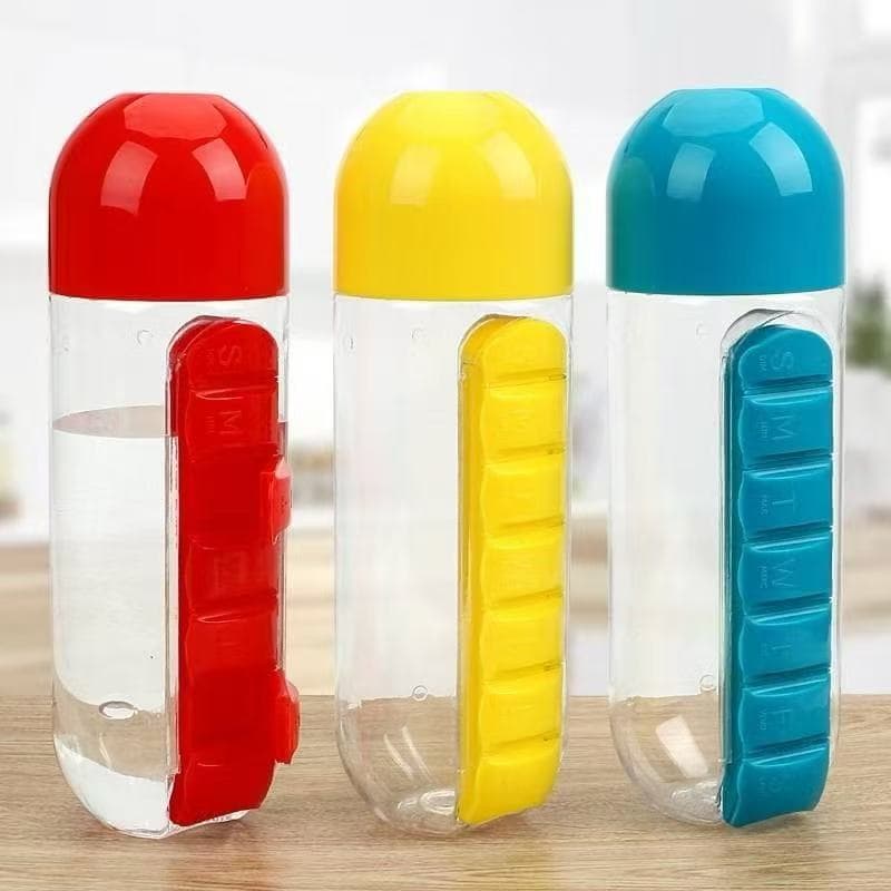 Garrafa para Academia Fitness de Água com Porta Comprimidos 600ML Lembrete de Comprimidos-0396