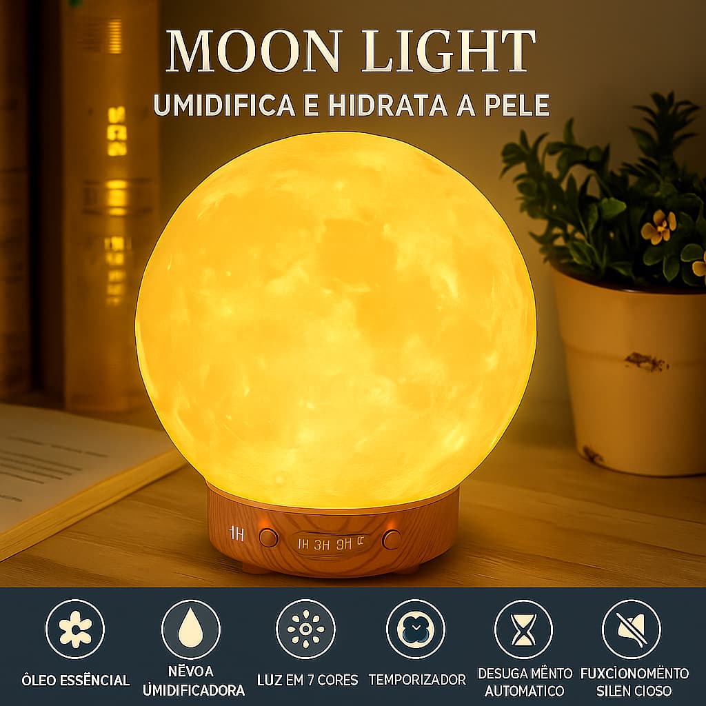 Difusor de Óleos Essenciais Lua Cheia 3D – Com Luz LED 7 Cores, Temporizador e Sem Filtro