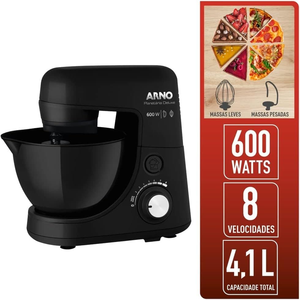 Batedeira Planetária Arno Nova Deluxe 600w 2 Batedores 8 Velocidades 4l Preta Sx34